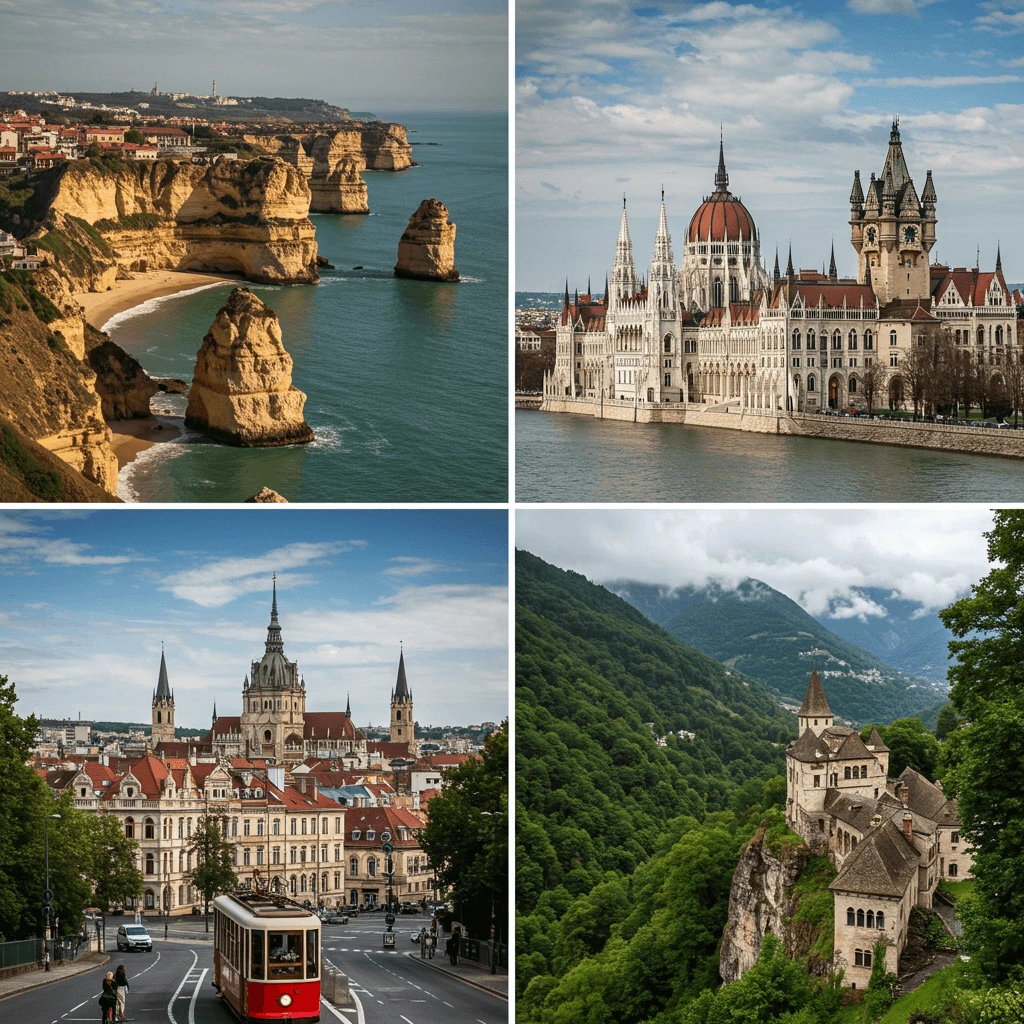 A captivating collage of European destinations, showcasing Portugal’s coastline, Hungary’s Parliament building, and Romania’s fairytale castles.