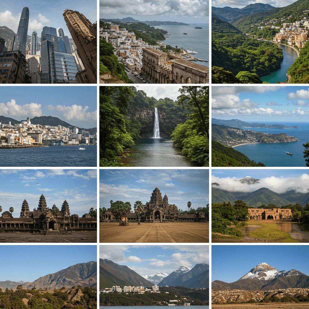 A beautiful collage of nine stunning travel destinations around the world.