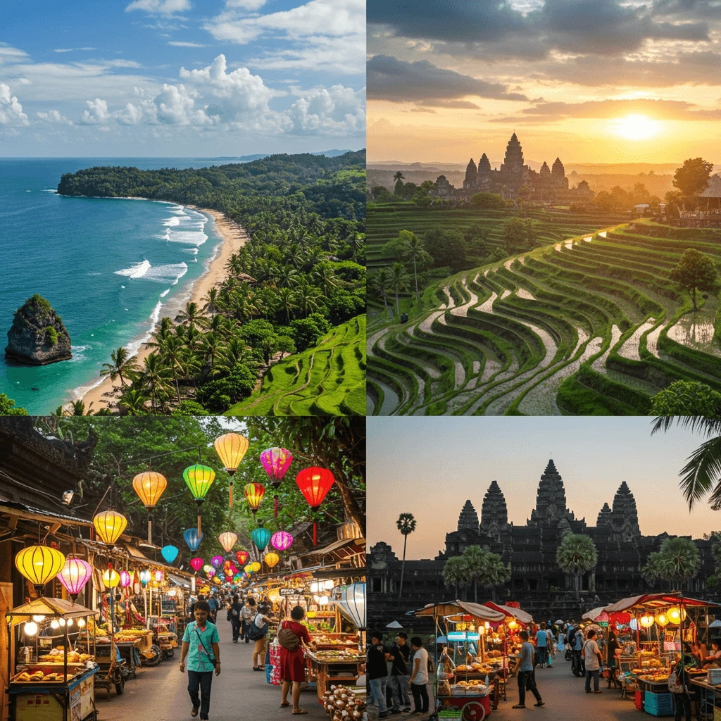 A vibrant image showcasing Bali’s beaches, Vietnam’s street life, and Cambodia’s Angkor Wat, highlighting affordable travel destinations in Asia.