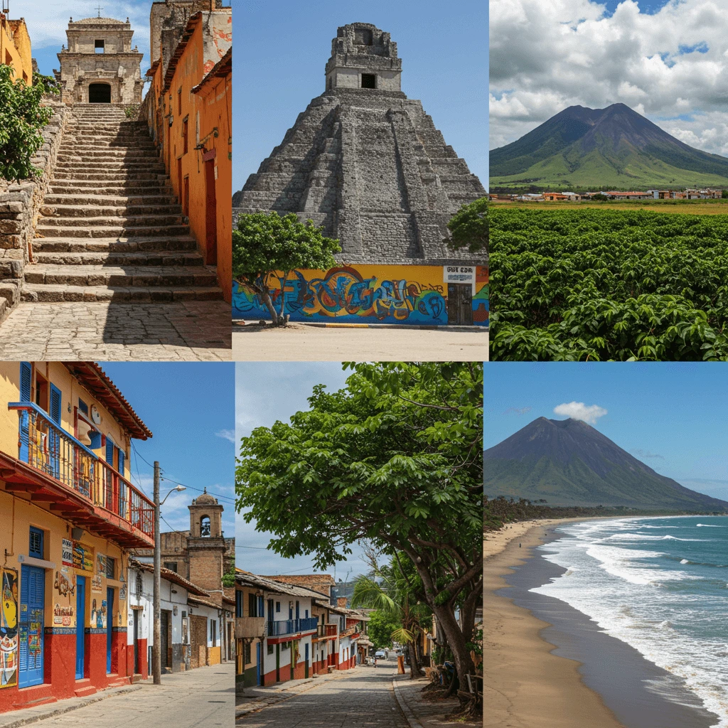 A captivating image of South America showcasing Mexico’s colorful streets, ancient ruins, Colombia’s vibrant cities, and Nicaragua’s volcanic landscapes.