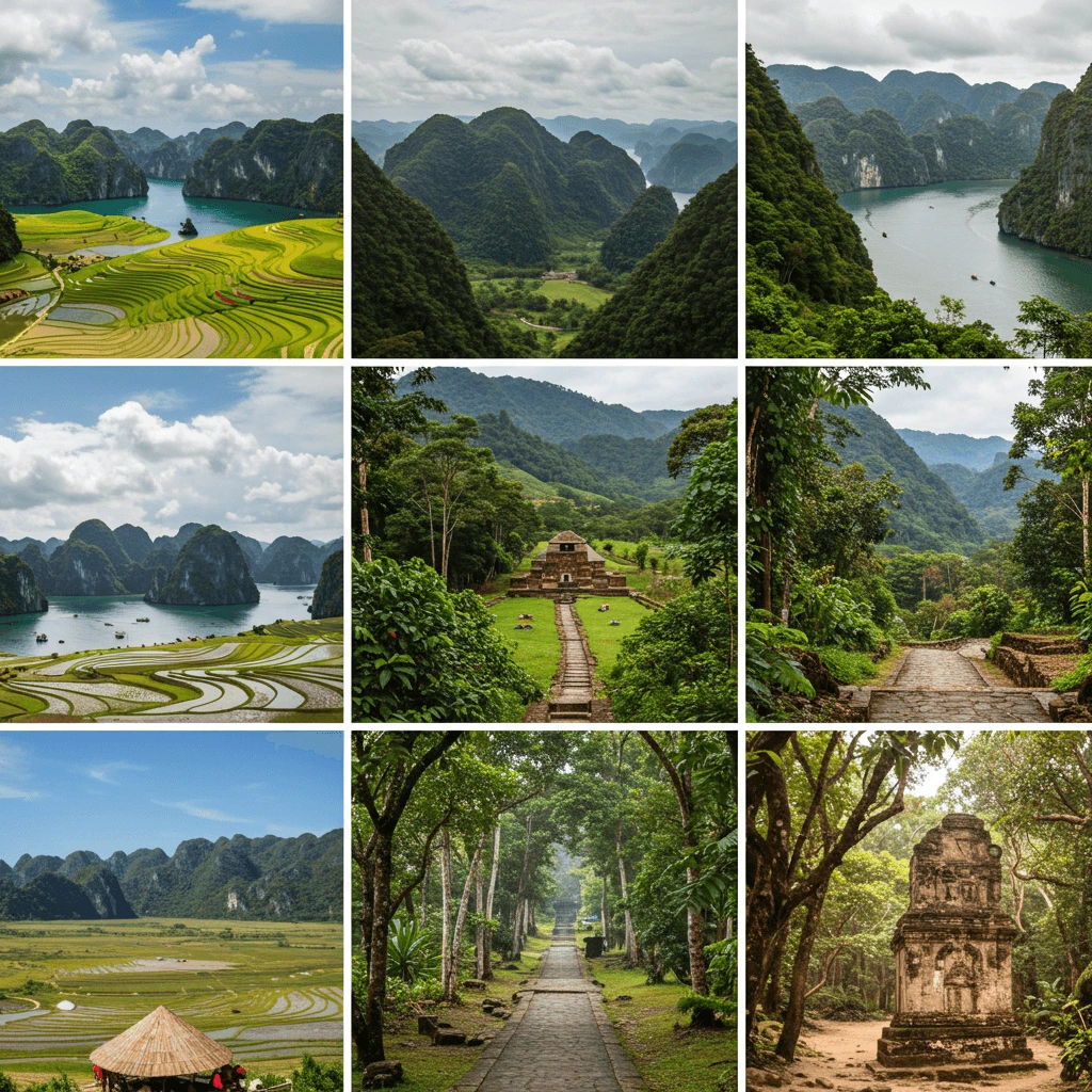 A vivid collage featuring the natural and environmental beauty of Vietnam, Colombia, and Mexico, showcasing rice terraces, tropical landscapes, and ancient landmarks.