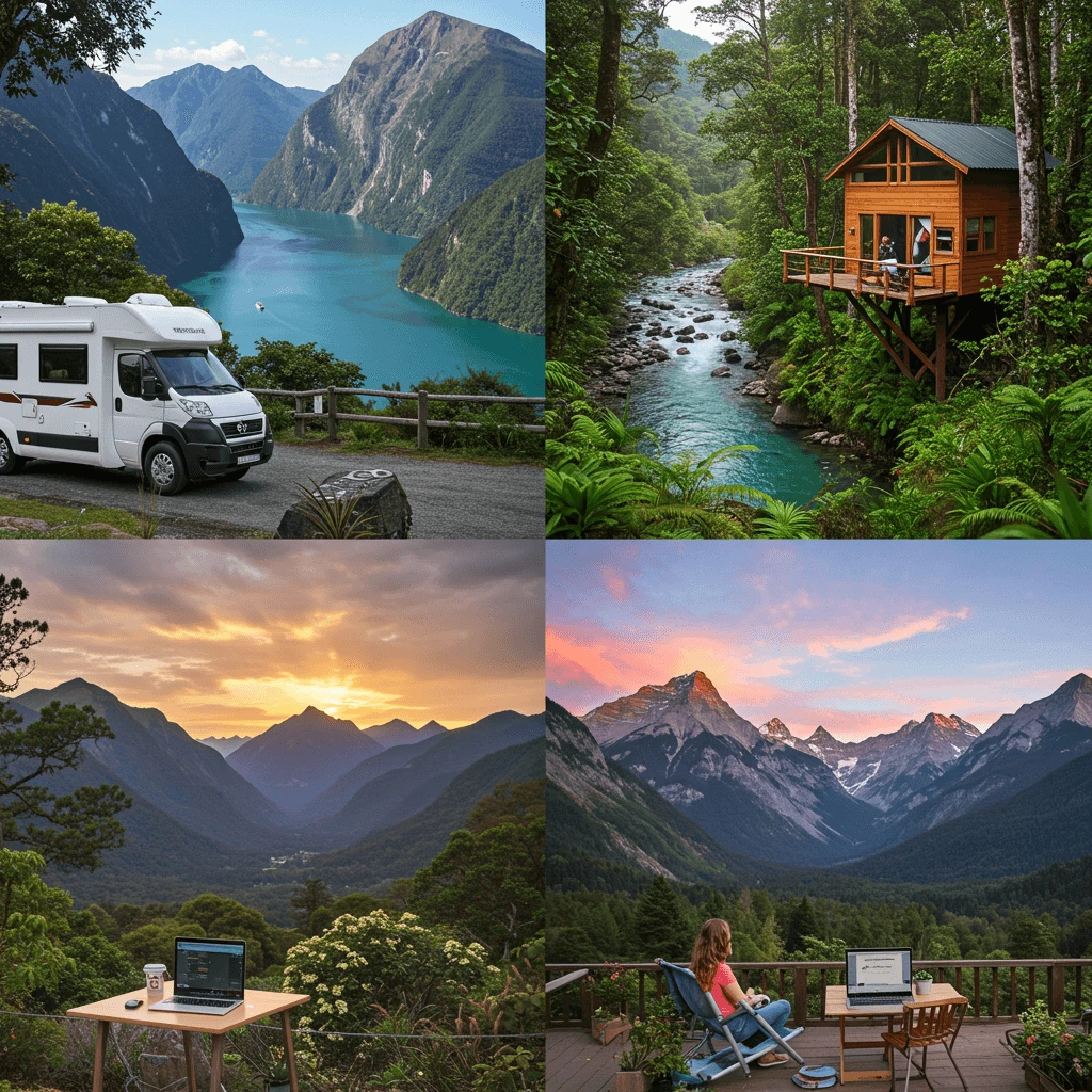 An inspiring visual showcasing New Zealand, Costa Rica, and Canada as top destinations for digital nomads, blending natural beauty, modern workspaces, and vibrant cultures.