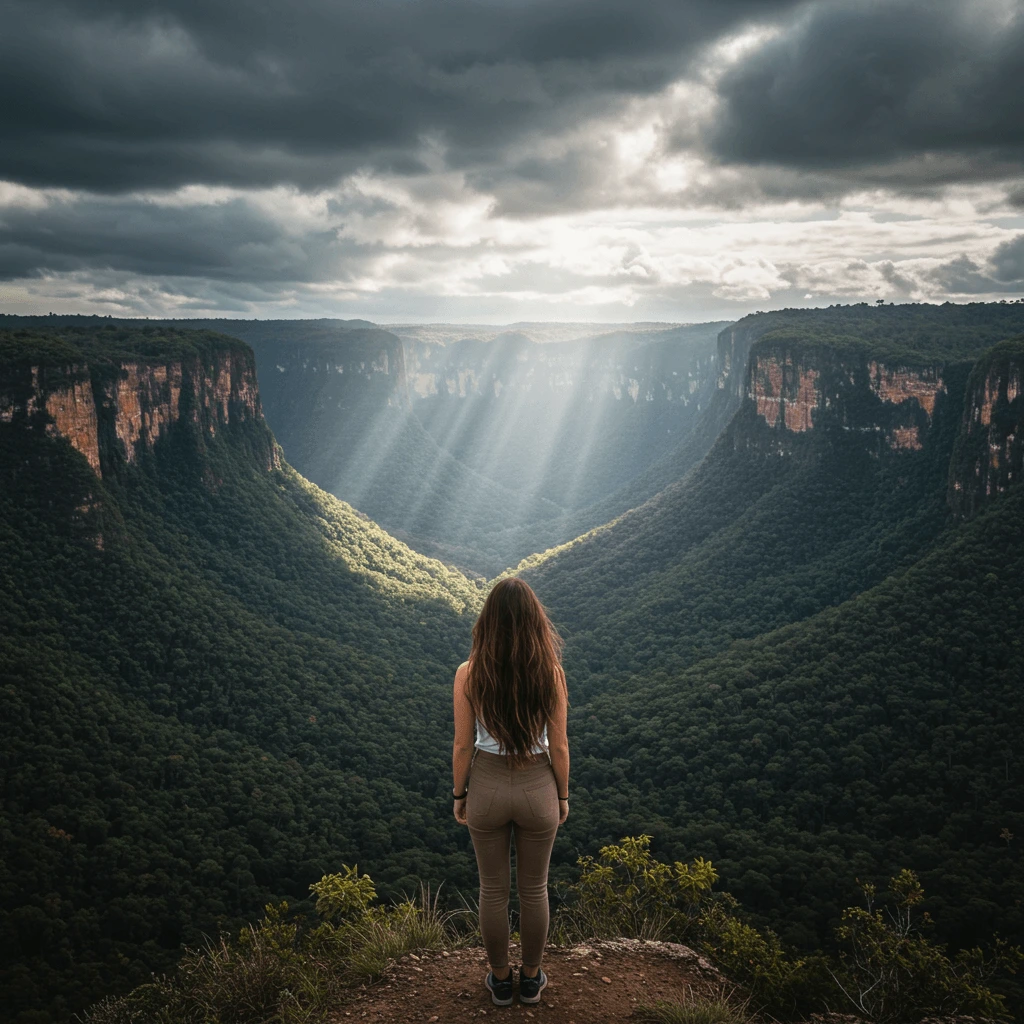 A young woman, solo traveler, standing amidst towering mountains, surrounded by lush greenery and rugged terrain.