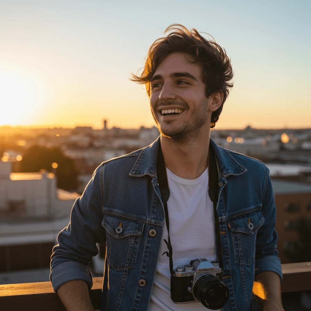 A solo traveler holding a camera, standing in a picturesque location and capturing the beauty of the surroundings.