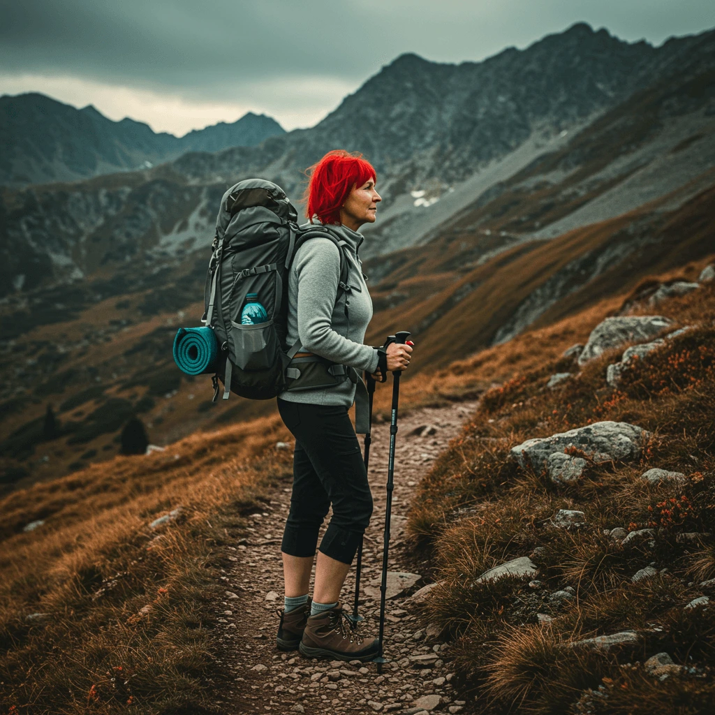 A solo female traveler standing amidst a stunning mountain range, surrounded by breathtaking natural beauty.