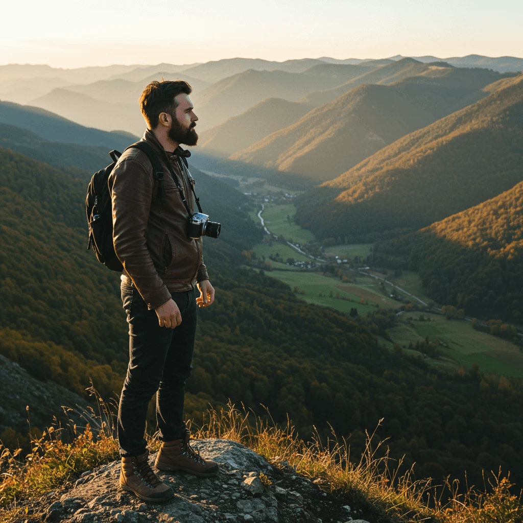 A solo traveler standing in the mountains, surrounded by rugged peaks and vast natural beauty, enjoying the serenity of the moment.