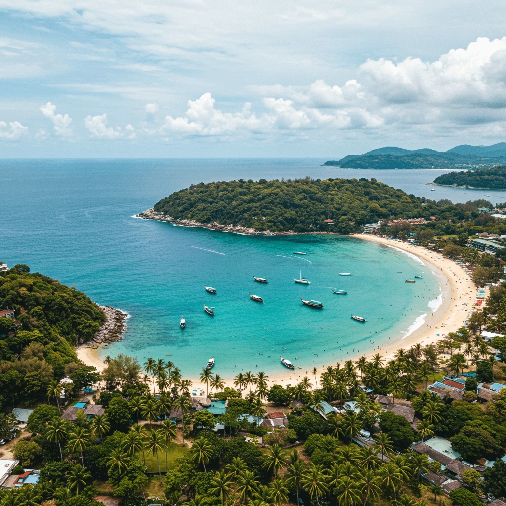 A serene beach in Thailand lined with lush green trees under a clear blue sky.