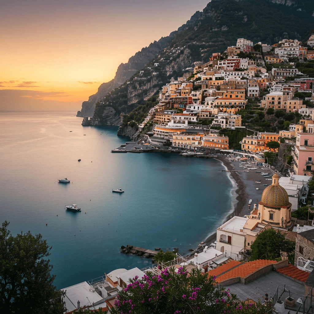 A breathtaking view of an Italian beach at sunset, with golden sands, calm turquoise waters, and a fiery orange sky reflecting on the sea.