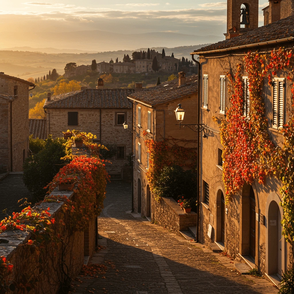 A picturesque autumn scene in Italy, featuring golden vineyards, rolling hills, and cypress trees under a warm, glowing sky.