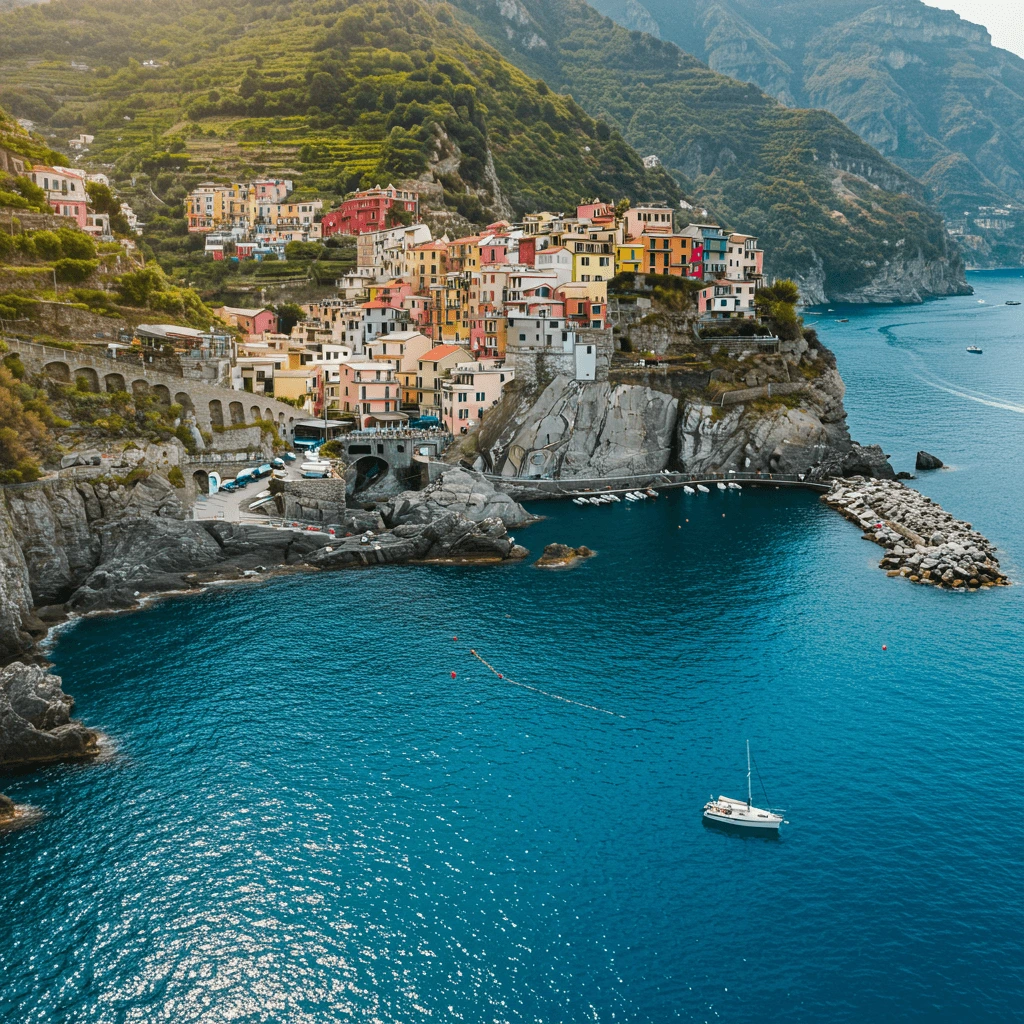 A scenic view of an Italian beach with golden sands, crystal-clear turquoise waters, and a bright blue sky