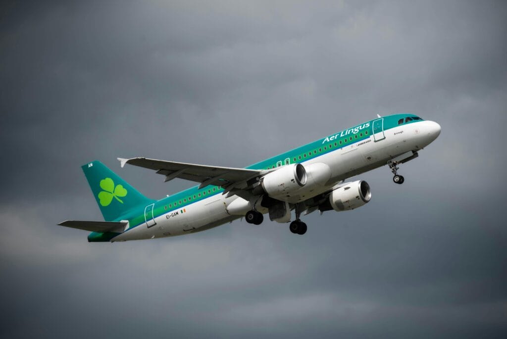 Aer Lingus A320 taking off from Dublin Airport under cloudy skies, showcasing modern air travel.