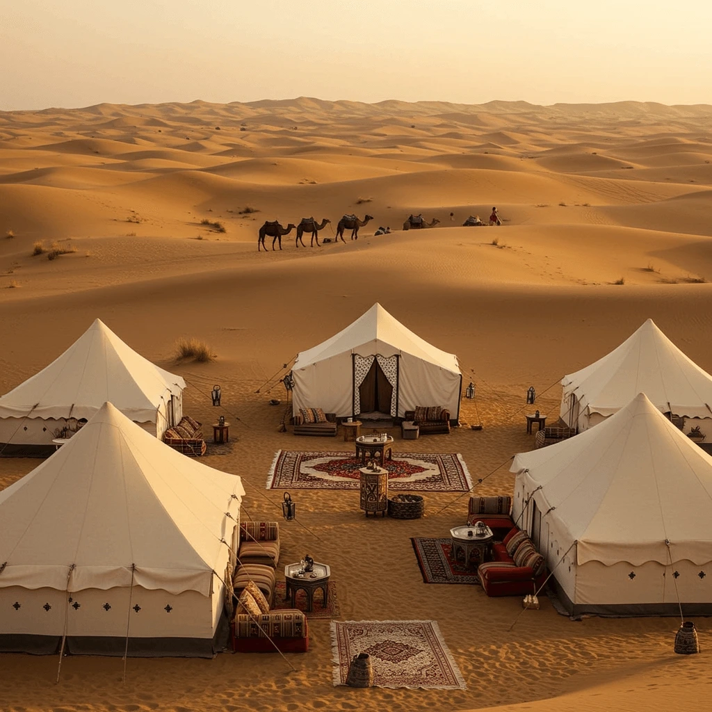 Luxury desert camps in the Sahara with elegant tents and scenic sand dunes