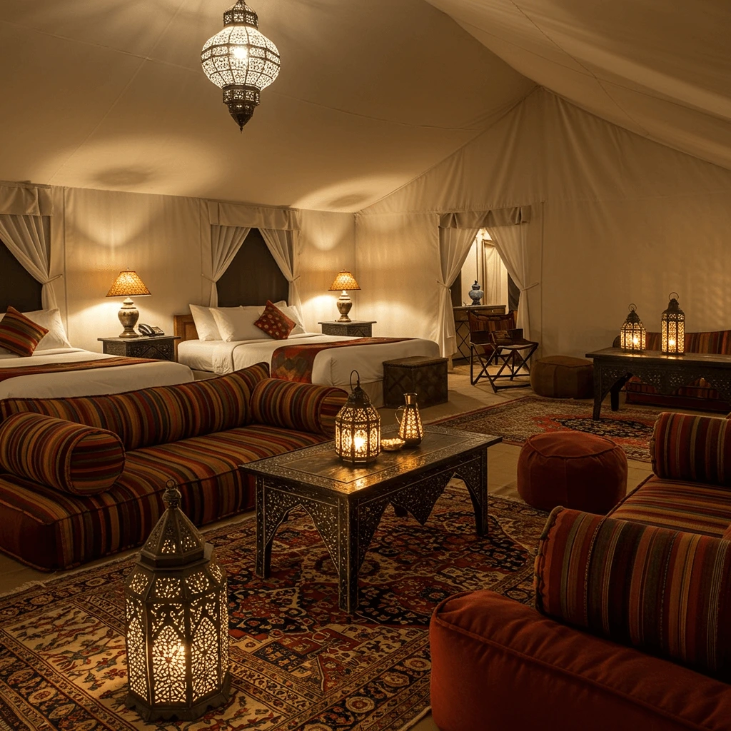 Interior of a luxury desert camp in the Sahara with elegant furnishings and traditional decor