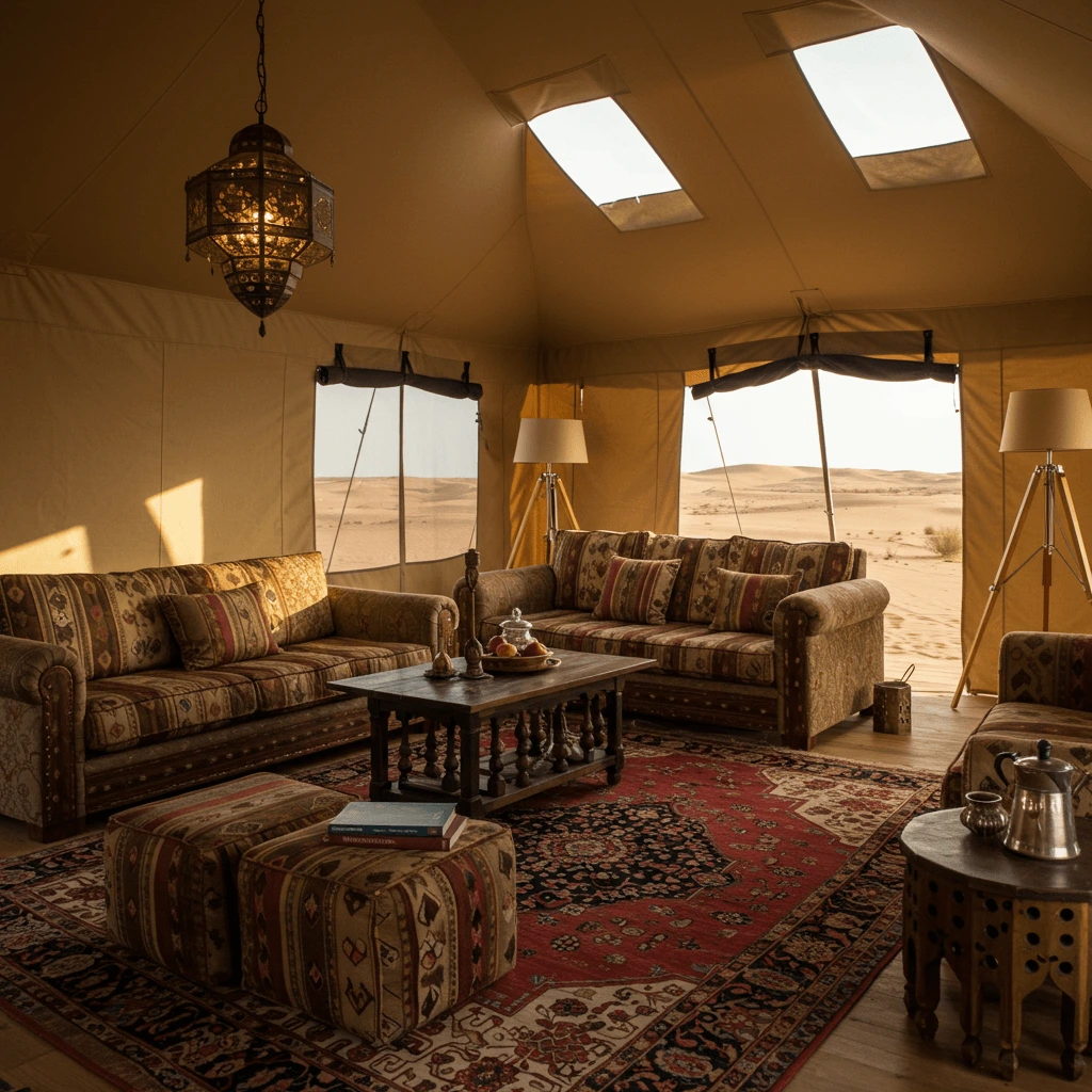 Interior of a luxury desert camp in the Sahara with elegant furnishings and Moroccan decor